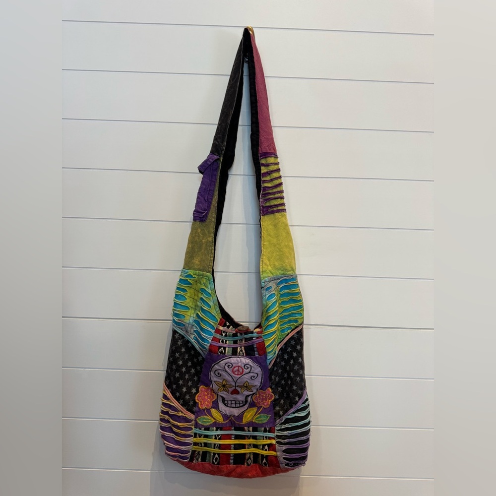 Rising International Multicolor Patchwork Shoulder Bag skulls colorful